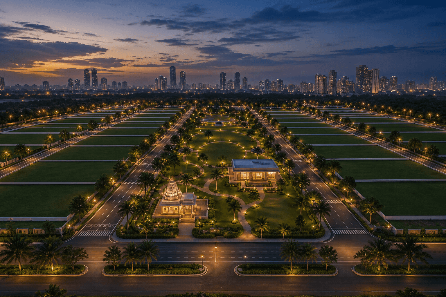 Township park and club beside green plots