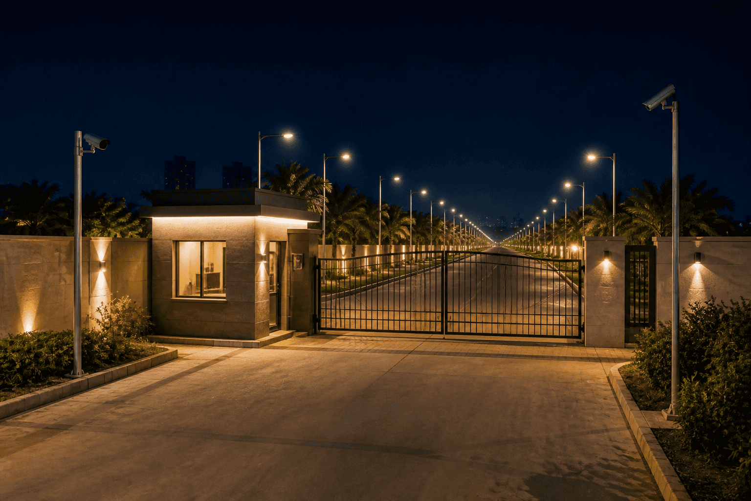 Gated township security at night