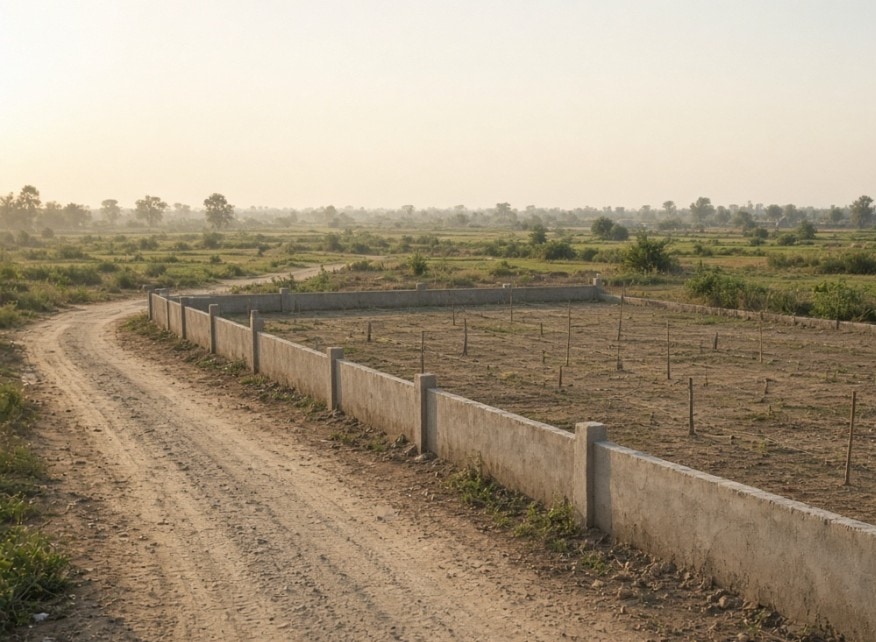 Empty walled plot in Braj, typical of unapproved village cuts
