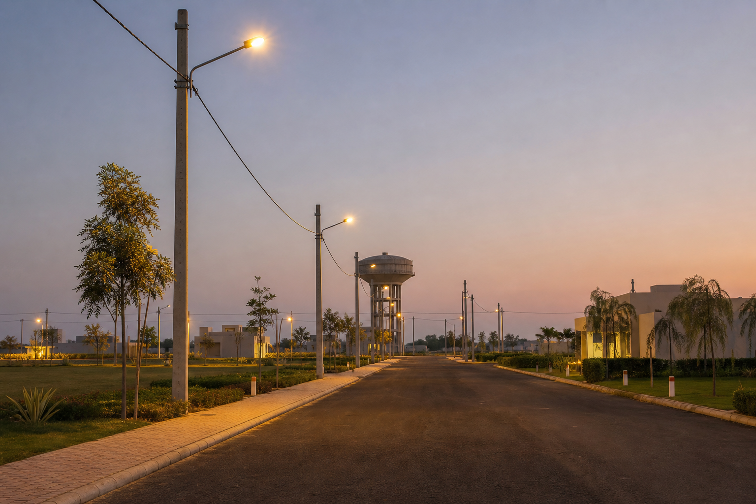 Township street with electricity poles, streetlights, and a water tank