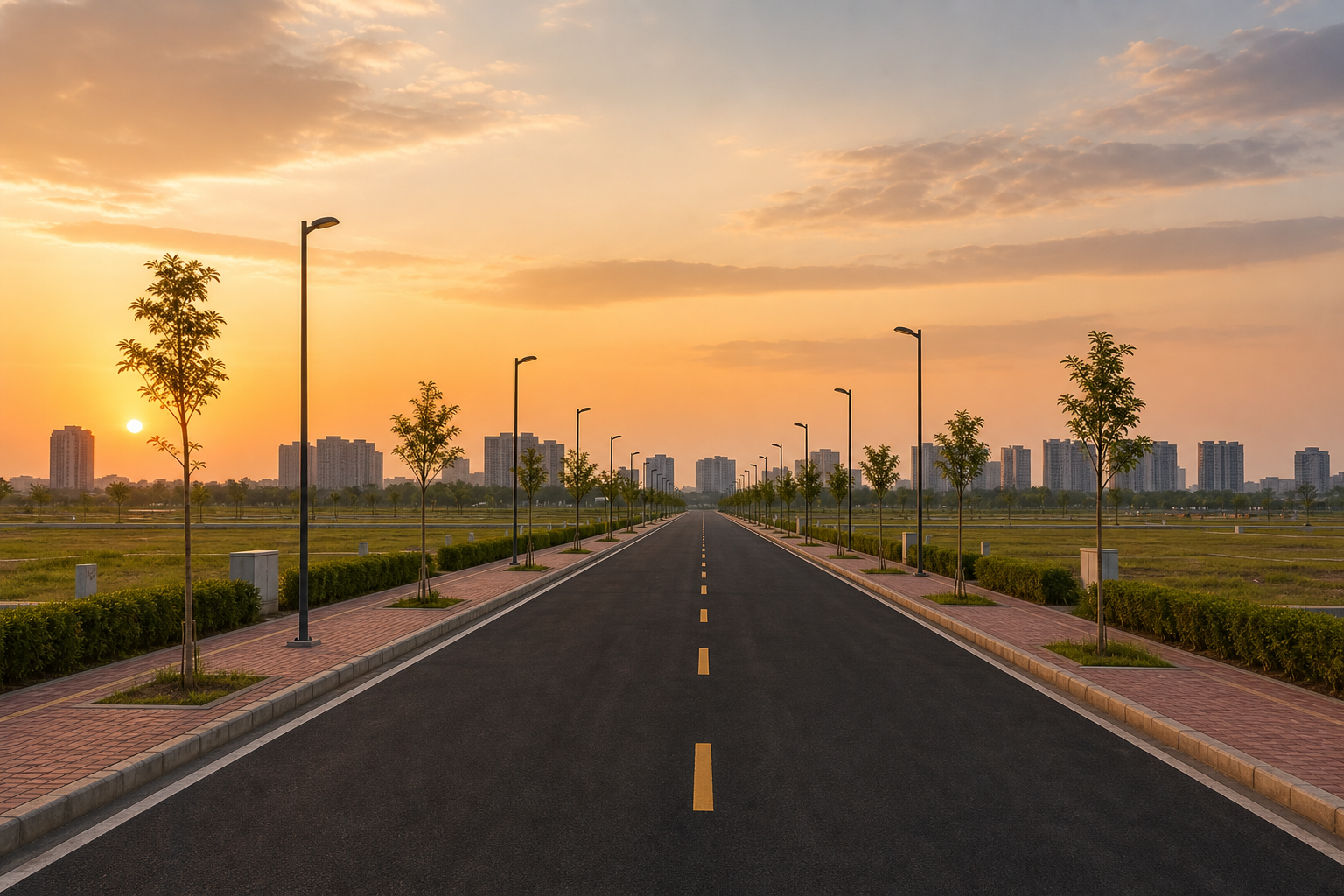 Wide black-pitch township road with trees and streetlights
