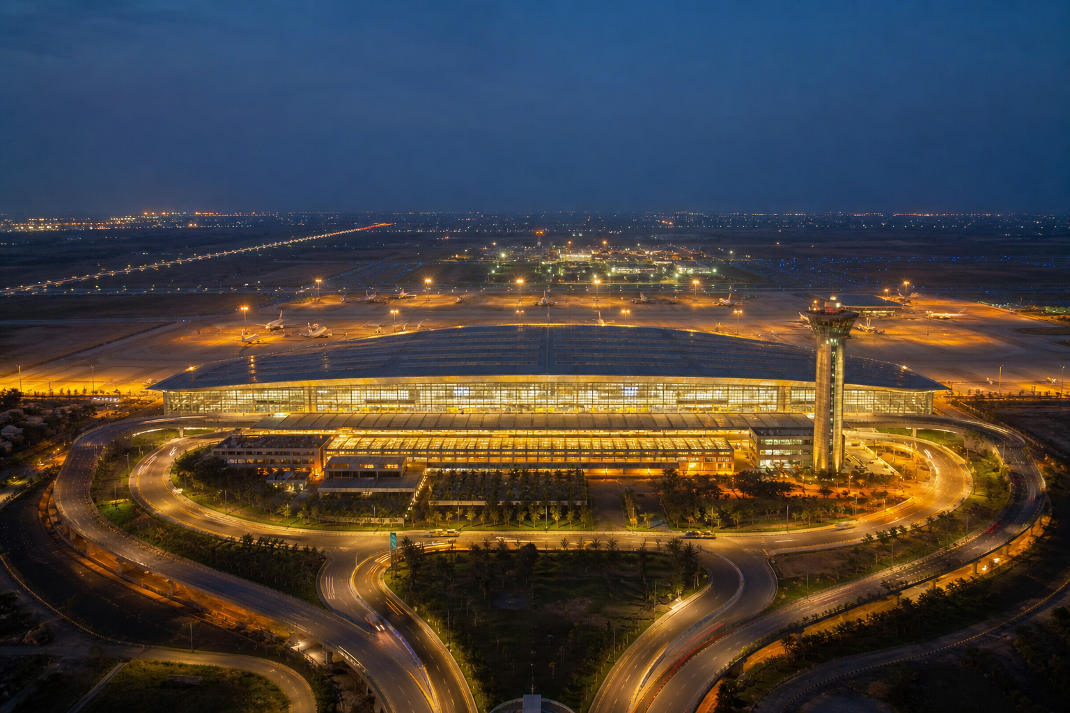 Modern airport terminal on the Jewar plains